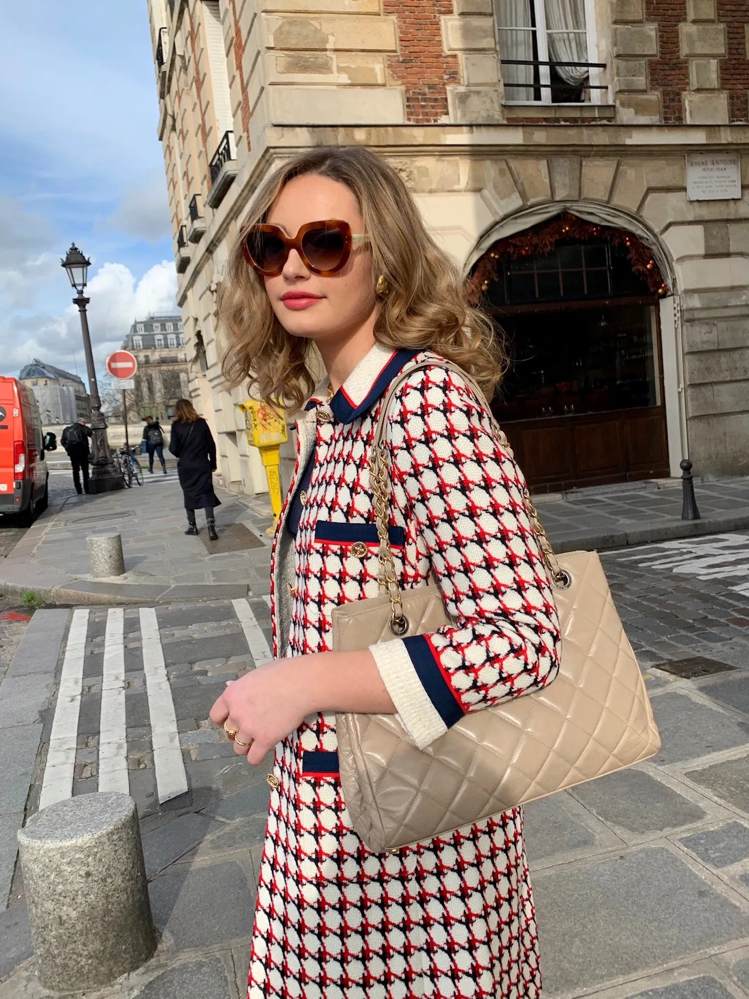 Patterned Knee Length Tweed Coat - Red   Navy