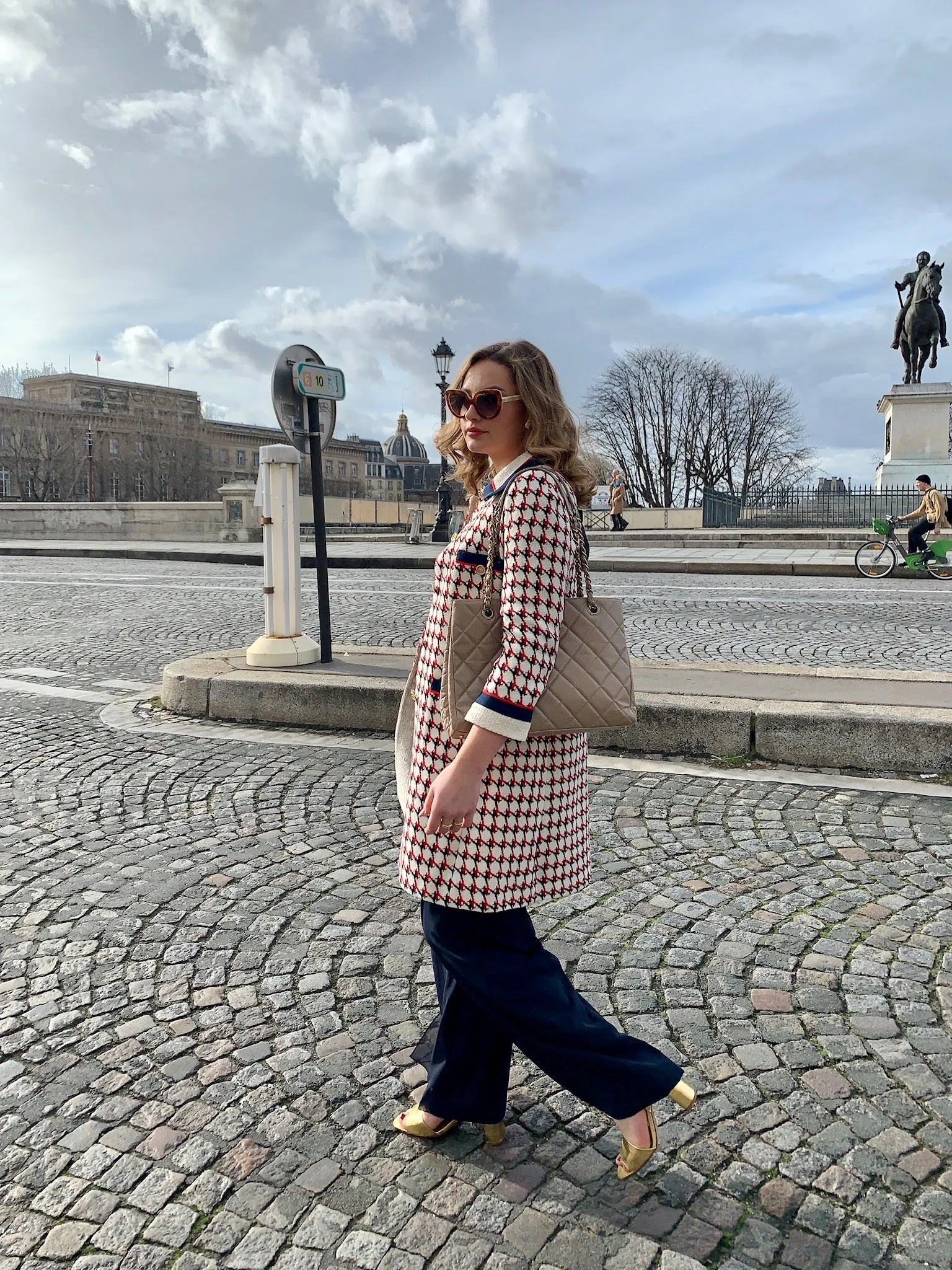 Patterned Knee Length Tweed Coat - Red   Navy