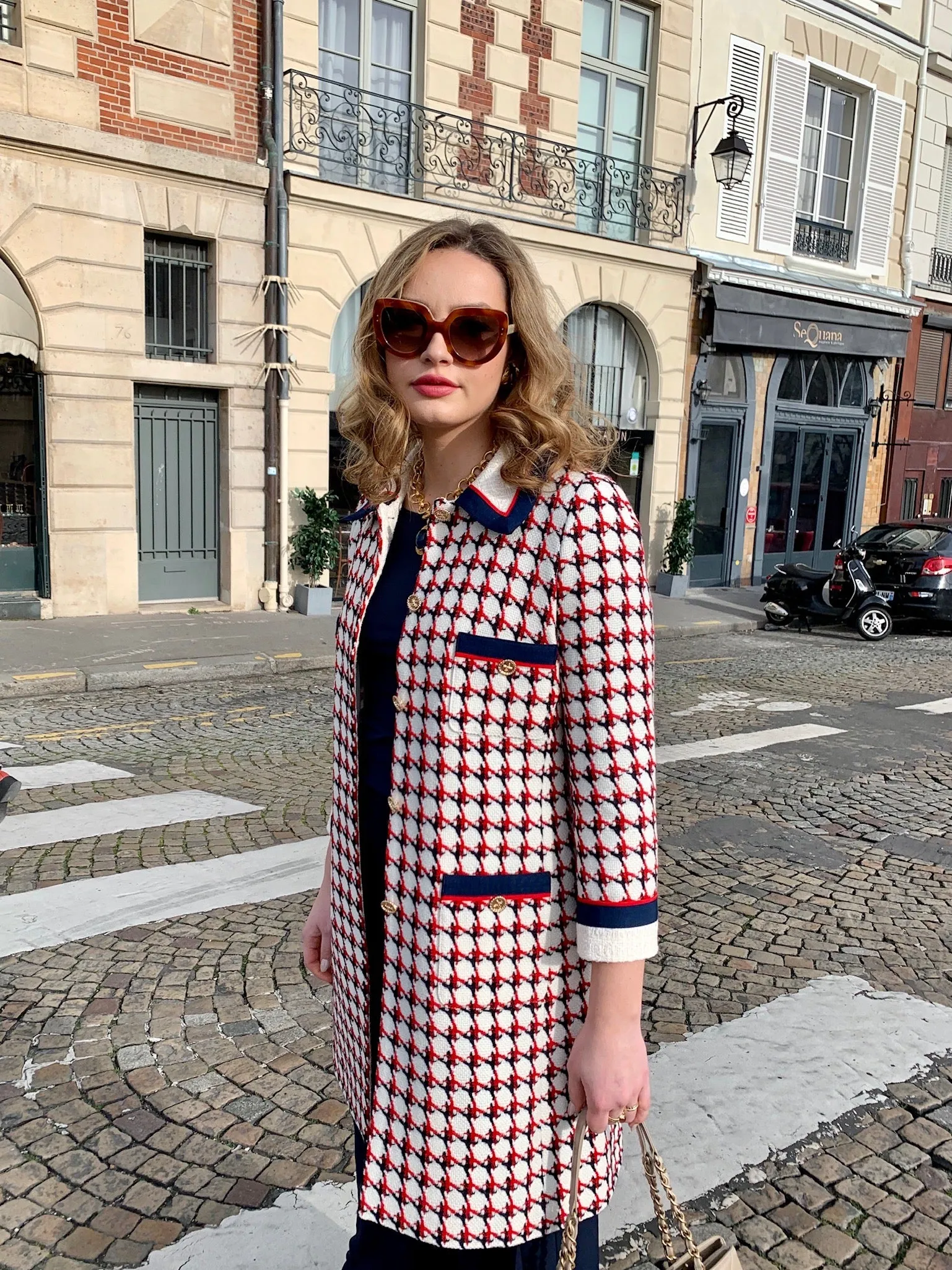 Patterned Knee Length Tweed Coat - Red   Navy