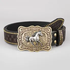 Running Horse Rivet Stubbed Dark Brown Leather Belt