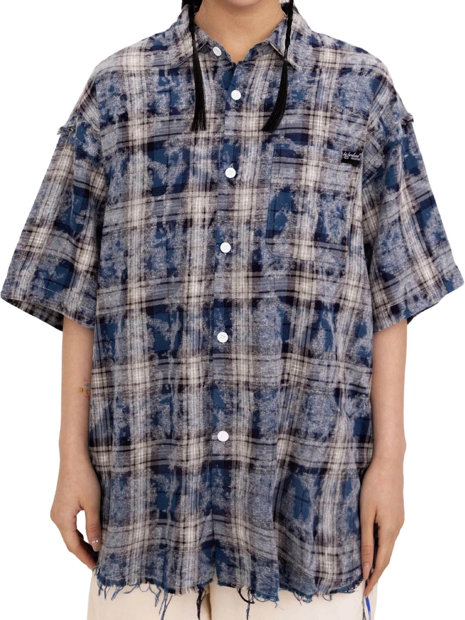 Thesupermade Tie-dye Plaid Hip-hop Short-sleeved Shirt